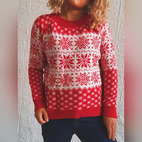 Fair Isle Color Contrast Winter Snowflake Long Sleeve Pullover Sweater Shirt Red - Picture 1 of 7